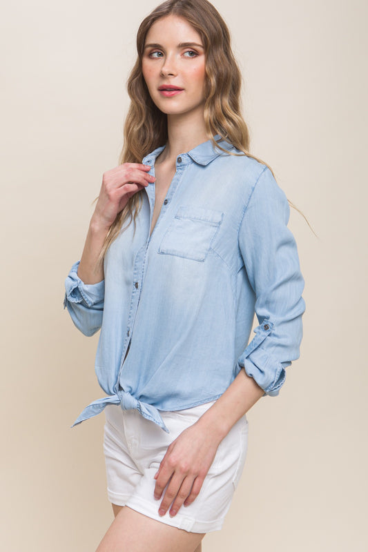 Relaxed Tie Front Collared Button Down Blouse